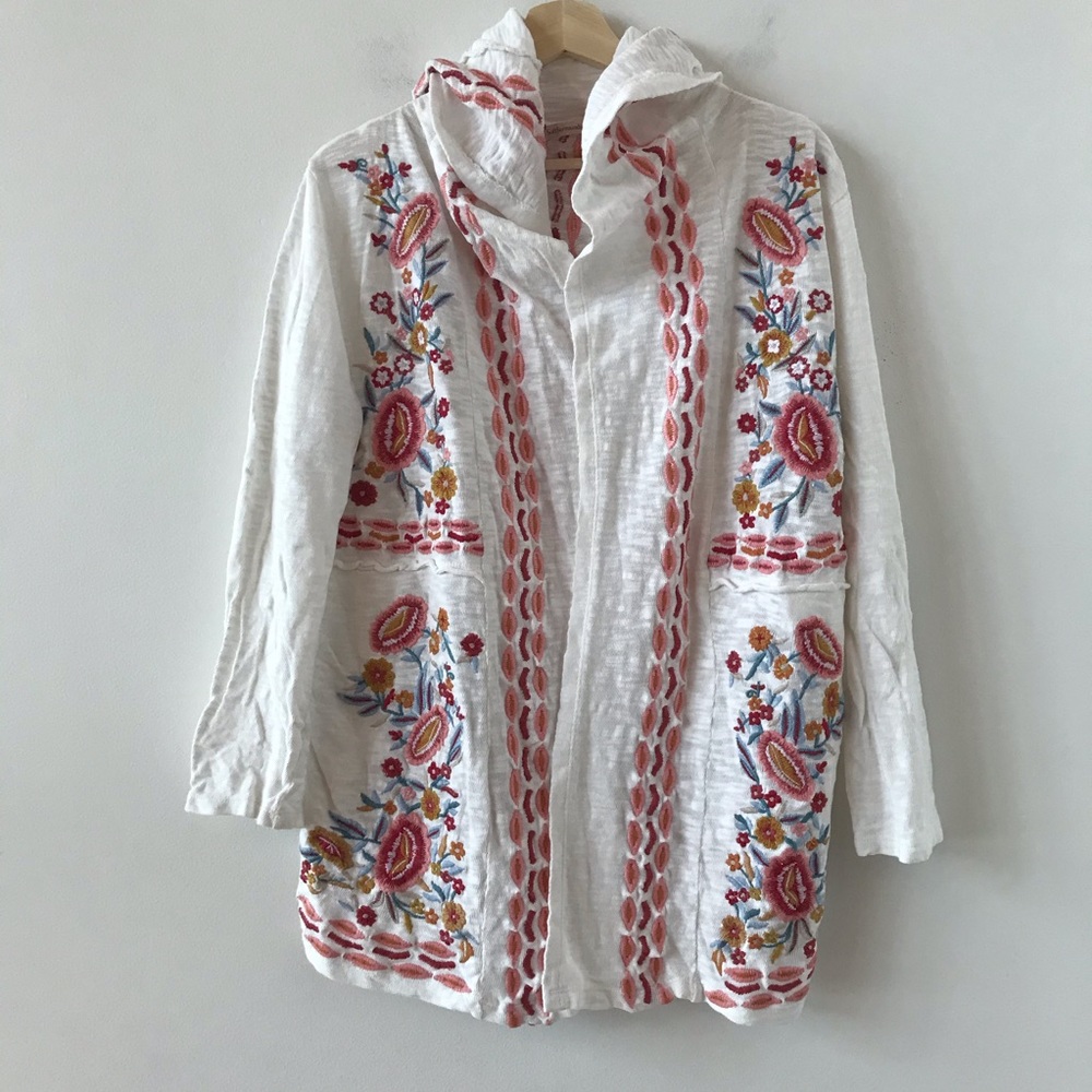 Soft Surroundings white embroidered hooded sweater